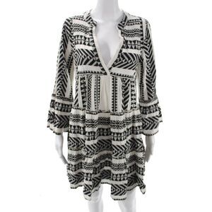 Devotion Women Black Cotton Kaftan V-Neck Long Sleeve Geometric Size XS